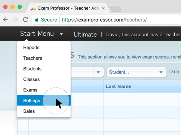 Step 1 - Log-in as a teacher, click on start menu, and select settings.